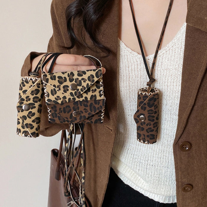Faux Leather Leopard Print Bag Pendant Sweater Necklace For Women Light Luxury Geometric Charm