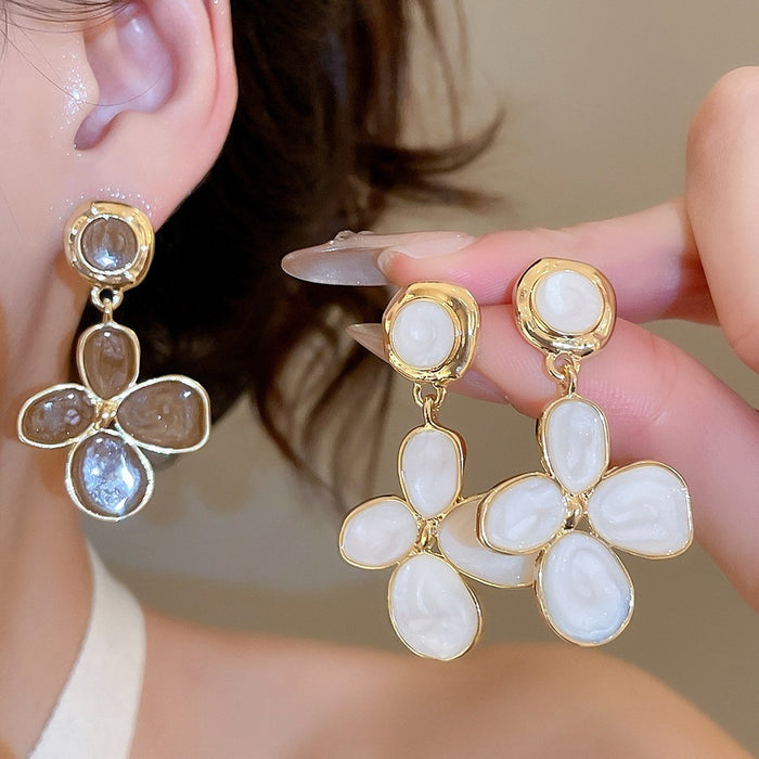 Alloy Enamel Flower Pendant Stud Drop Earrings For Women Vintage Elegant Versatile Jewelry
