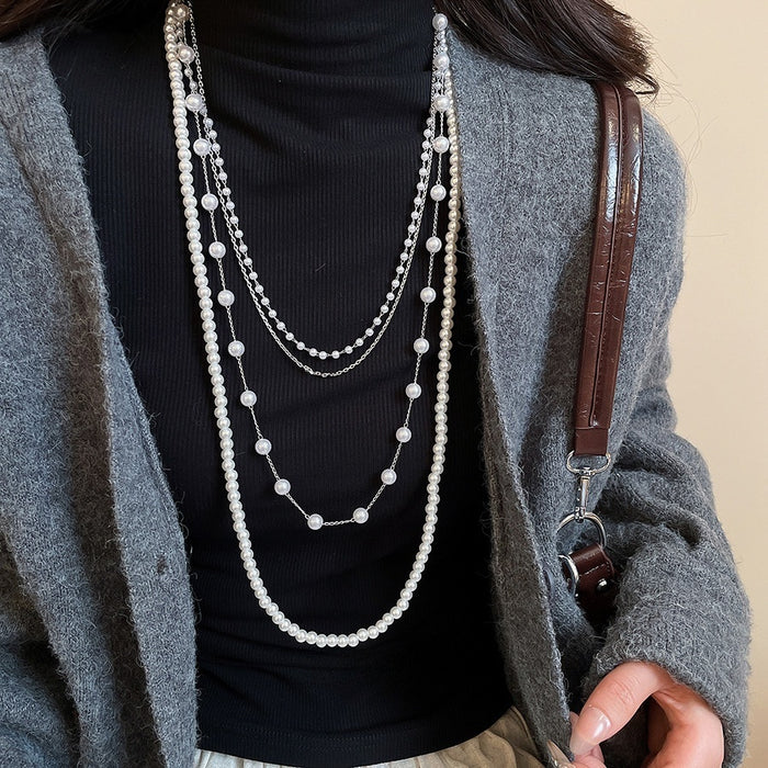 French Vintage Faux Pearl Crystal Beaded Sweater Necklace Elegant Light Luxury Geometric Choker