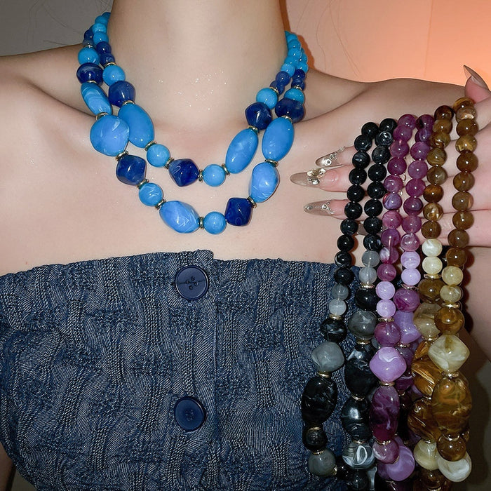 Light Luxury Acrylic Double Layer Irregular Geometric Beaded Sweater Necklace