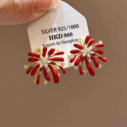 Light Luxury Alloy Floral Firework Stud Earrings With Rhinestone Enamel Vintage Hong Kong Style