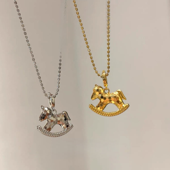 Light Luxury Copper Horse Pendant Sweater Necklace Vintage Chinese Style Daily Collarbone Chain
