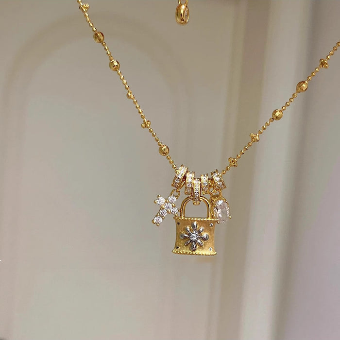 Copper Zircon Lock Cross Pendant Sweater Necklace Geometric Light Luxury Clavicle Chain