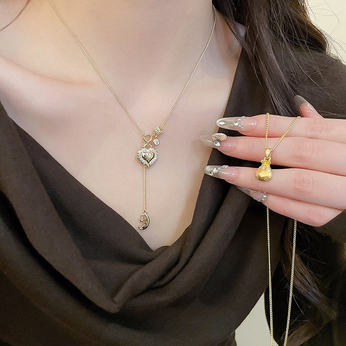 Light Luxury Copper Zircon Lucky Bag Heart Necklace, Vintage Chinese Style Geometric Clavicle Chain