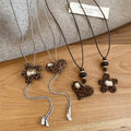 Maillard Style Resin Sweater Necklace With Flocked Leopard Heart Flower Rhinestone Pendant view 3