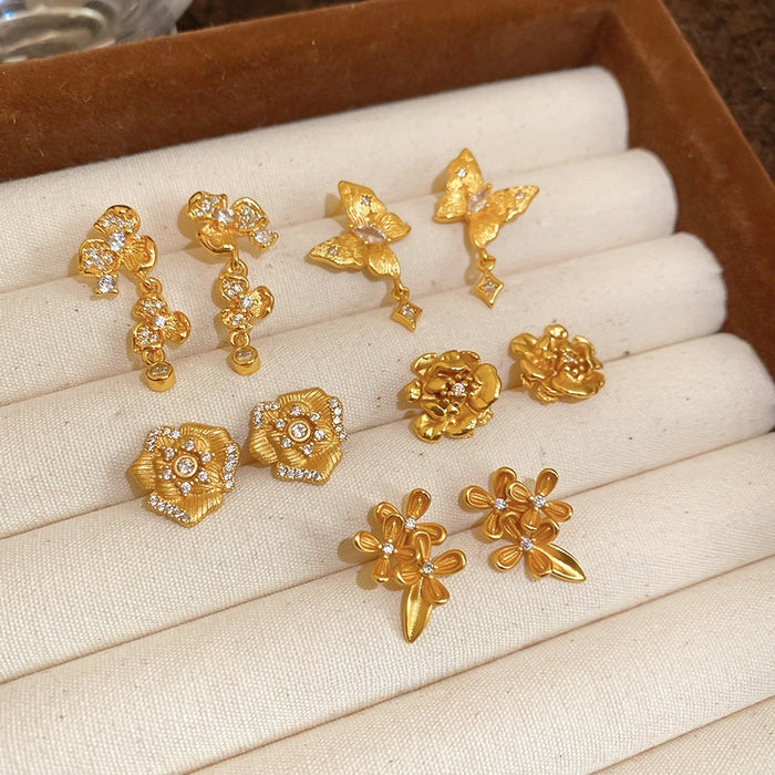 24K Gold Plated Copper Zircon Flower Drop Earrings Vintage Chinese Style Silver Needle Jewelry