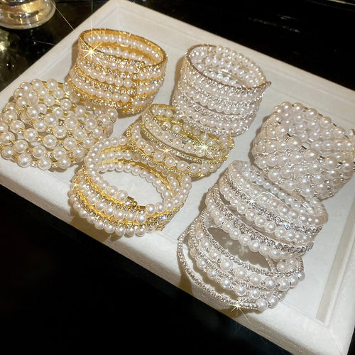 Vintage Rhinestone Multi Layer Pearl Open Bangle Light Luxury Round Cloth Bracelet For Women
