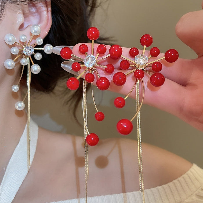 Chic Floral Zircon Flower Faux Pearl Tassel Drop Earrings With Silver Needle Vintage Light Luxury