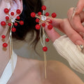 Chic Floral Zircon Flower Faux Pearl Tassel Drop Earrings With Silver Needle Vintage Light Luxury view 3