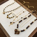 18K Gold Plated Tiger Eye Zircon Round Geometric Maillard Style Sweater Necklace view 3