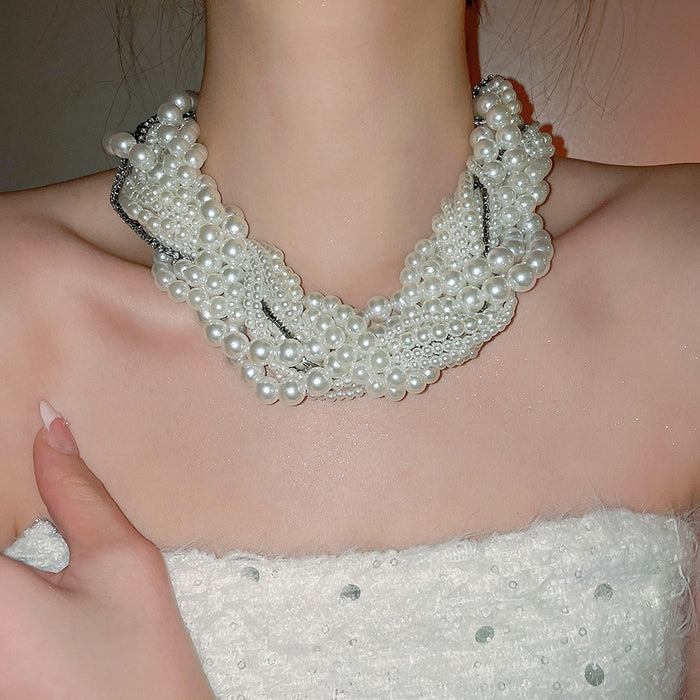 Light Luxury Rhinestone Beaded Knot Faux Pearl Geometric Choker Necklace