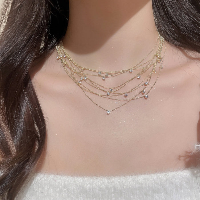 Korean Light Luxury Copper Zircon Multi Layer Tassel Geometric Sweater Necklace For Women
