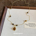 Vintage Tiger Eye Stone Flower Pendant Necklace, Light Luxury Geometric Round Choker view 3
