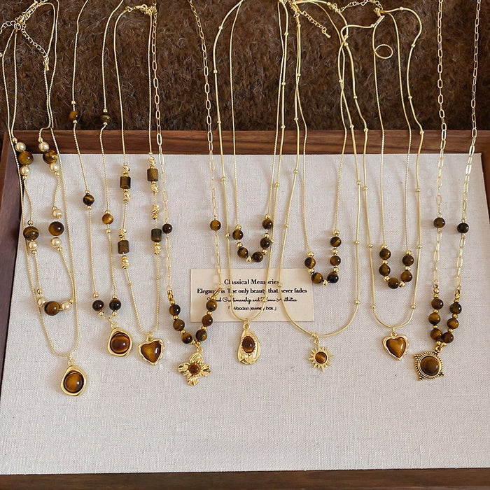 Vintage Tiger Eye Stone Flower Pendant Necklace, Light Luxury Geometric Round Choker