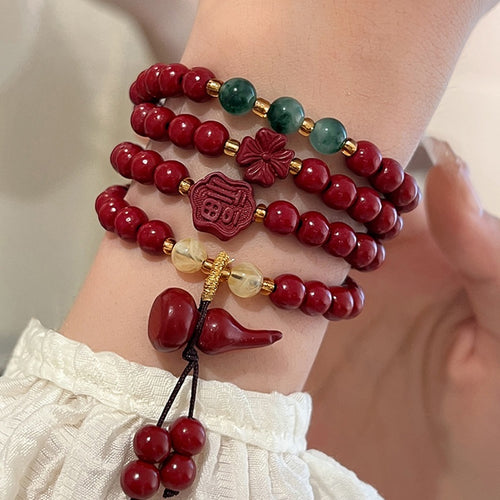 Cinnabar Stone Round Beaded Gourd Pendant Bangle Vintage Chinese Style Geometric Bracelet