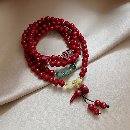 Cinnabar Stone Round Beaded Gourd Pendant Bangle Vintage Chinese Style Geometric Bracelet