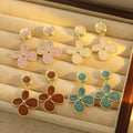 Vintage Gold Alloy Amber Enamel Petal Flower Drop Earrings For Women Elegant Maillard Style Earrings view 2