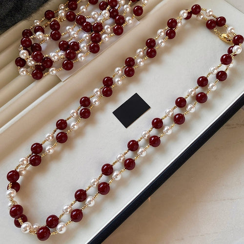 New Chinese Style Red Glass Beaded Pearl Sweater Necklace Geometric Round Light Luxury Collarbone Chain