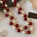 New Chinese Style Red Glass Beaded Pearl Sweater Necklace Geometric Round Light Luxury Collarbone Chain view 4