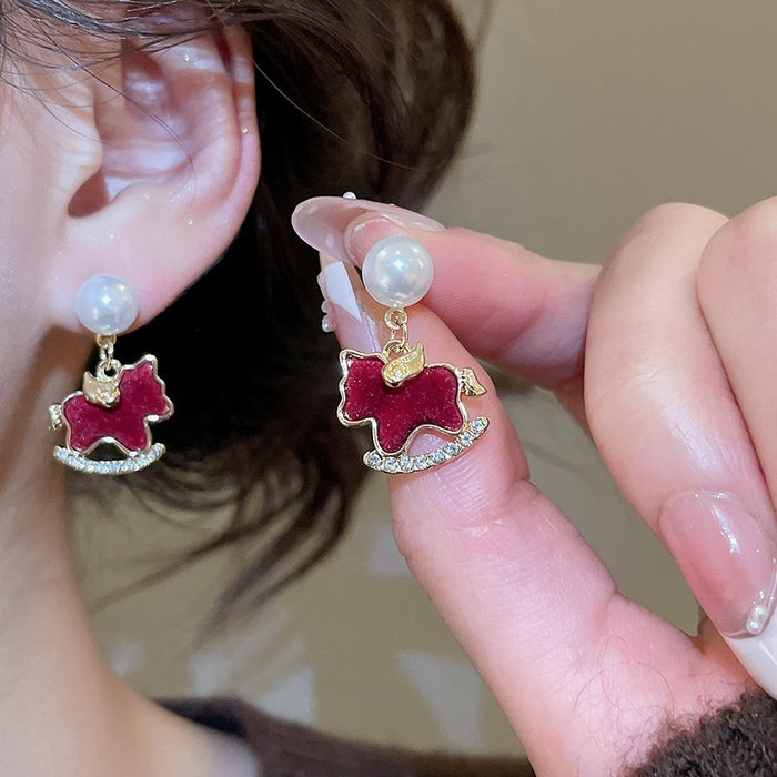 Light Luxury Horse Drop Earrings With Faux Pearl Rhinestone Flocked Animal Design