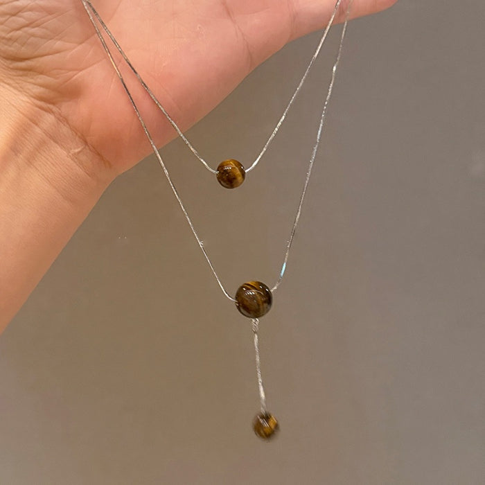 Light Luxury Double Layer Tiger Eye Copper Round Geometric Sweater Necklace For Women