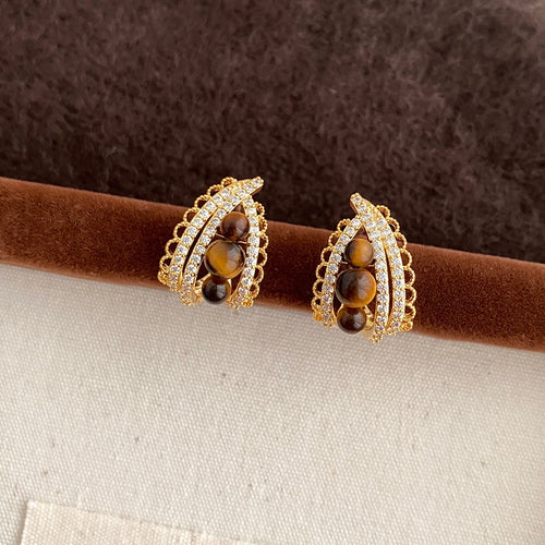Light Luxury Copper Teardrop Tiger Eye Zircon Stud Earrings With Silver Needles