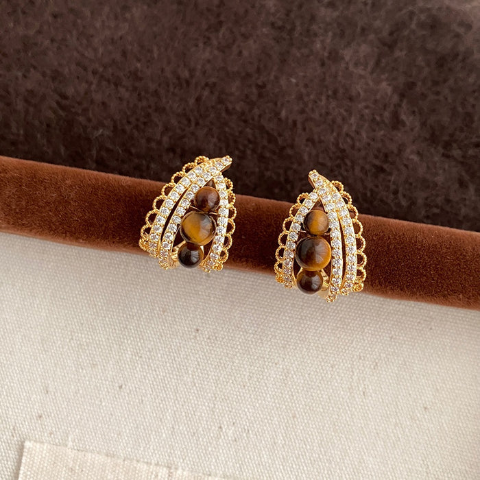 Light Luxury Copper Teardrop Tiger Eye Zircon Stud Earrings With Silver Needles