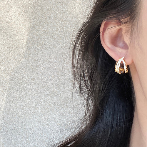 Light Luxury Copper Teardrop Tiger Eye Zircon Stud Earrings With Silver Needles