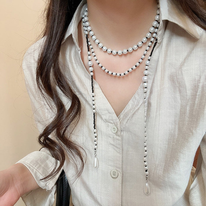 Light Luxury Faux Pearl Crystal Double Layer Beaded Sweater Necklace With Geometric Round Design