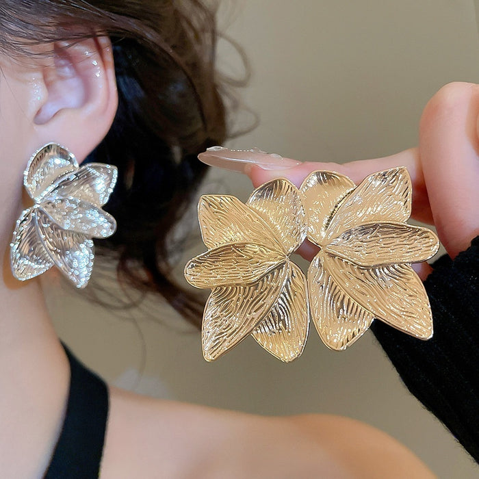Gold Tone Iron Smooth Textured Petal Flower Stud Earrings For Women European American Statement Style