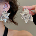 Gold Tone Iron Smooth Textured Petal Flower Stud Earrings For Women European American Statement Style view 3