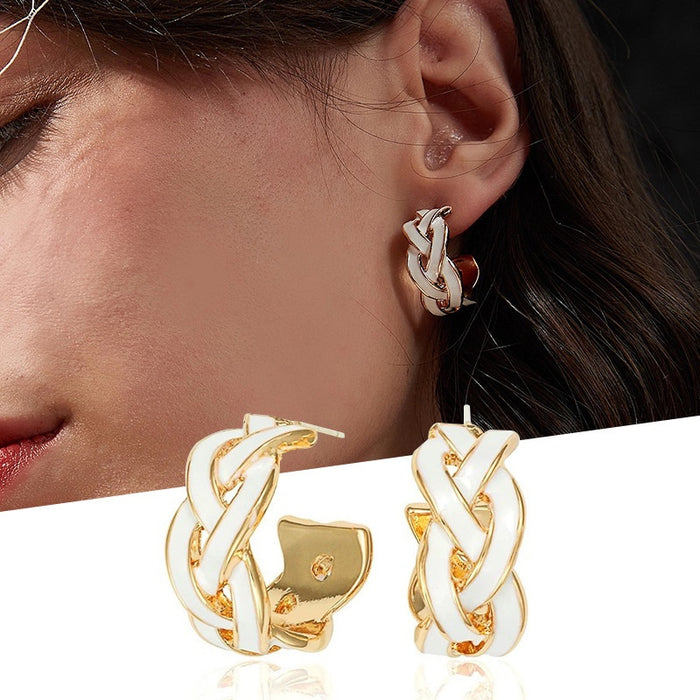 Korean French Style Twisted Braided Metal Hoop Earrings For Women, Oil Painting Fashion Jewelry