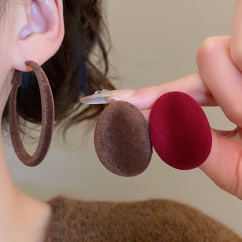 Flocked Oval Stud Earrings With Silver Pins, Retro Minimalist Geometric Daily Jewelry