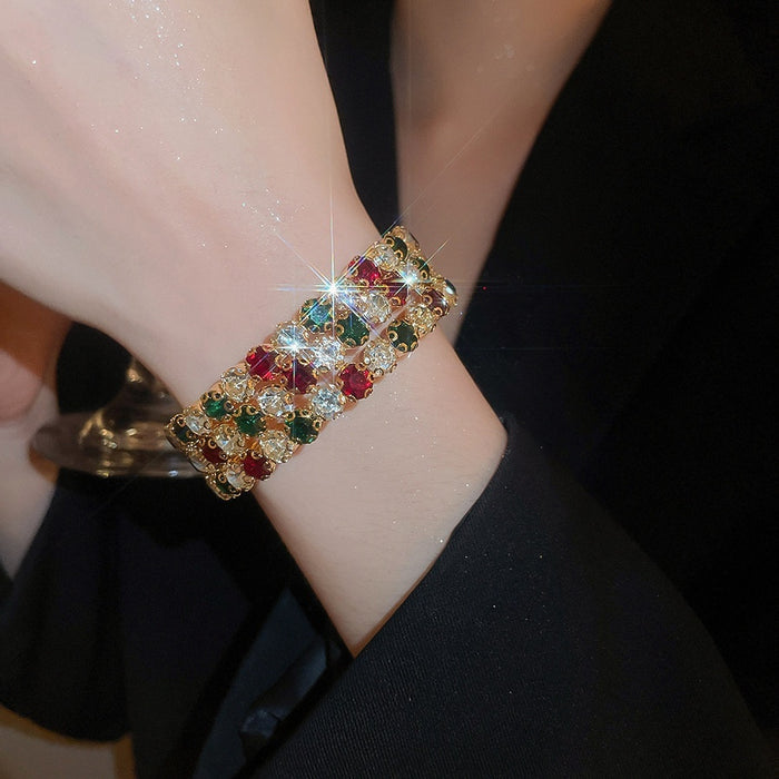French Vintage Rhinestone Triple Layer Open Alloy Bangle Light Luxury Round Cuff Jewelry