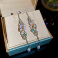Light Luxury Geometric Rhinestone Crystal Tassel Pearl Drop Earrings With Silver Needle Posts view 3
