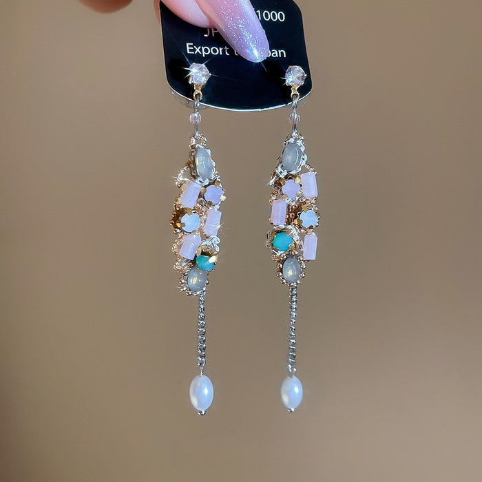 Light Luxury Geometric Rhinestone Crystal Tassel Pearl Drop Earrings With Silver Needle Posts