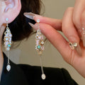 Light Luxury Geometric Rhinestone Crystal Tassel Pearl Drop Earrings With Silver Needle Posts view 2