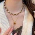 Light Luxury Faux Pearl Sweater Necklace With Tiger Eye Square Pendant Retro Maillard Geometric Collarbone Chain view 3