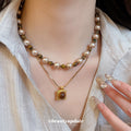 Light Luxury Faux Pearl Sweater Necklace With Tiger Eye Square Pendant Retro Maillard Geometric Collarbone Chain view 1