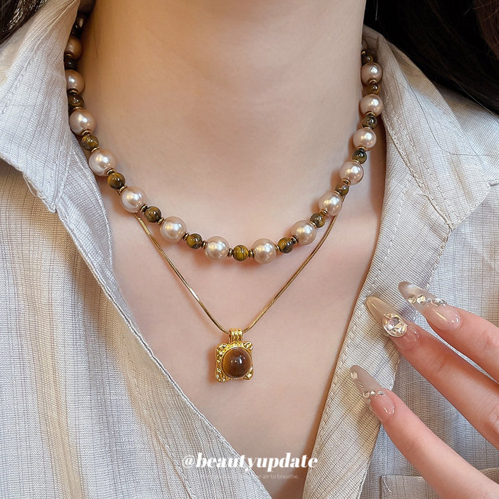 Light Luxury Faux Pearl Sweater Necklace With Tiger Eye Square Pendant Retro Maillard Geometric Collarbone Chain