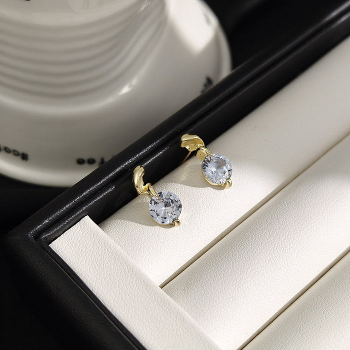Elegant French Gold Plated Round Zircon Crystal Drop Stud Earrings For Women Luxury Minimalist Earrings