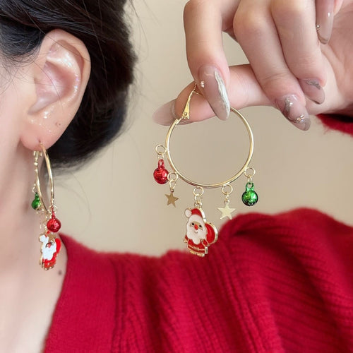 Light Luxury Alloy Santa And Christmas Tree Enamel Hoop Earrings For Everyday Holiday Style