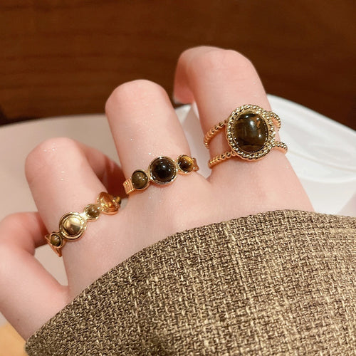 18K Gold Plated Tiger Eye Round Open Ring For Women