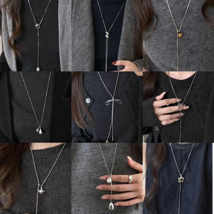 Korean Light Luxury Copper Zircon Geometric Round Pendant Sweater Necklace For Women