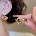 18K Gold Plated Tiger Eye Pearl Stud Earrings With Silver Pins, Vintage Maillard Round Geometric Style view 1