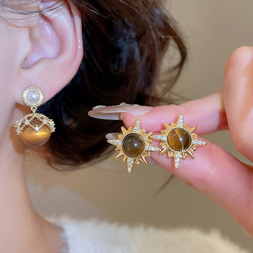 18K Gold Plated Tiger Eye Pearl Stud Earrings With Silver Pins, Vintage Maillard Round Geometric Style