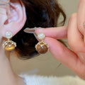 18K Gold Plated Tiger Eye Pearl Stud Earrings With Silver Pins, Vintage Maillard Round Geometric Style view 3