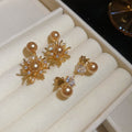 18K Gold Plated Tiger Eye Pearl Stud Earrings With Silver Pins, Vintage Maillard Round Geometric Style view 4