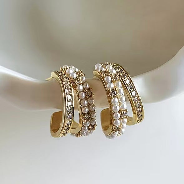 14K Gold Plated Zircon Faux Pearl Geometric Round Drop Earrings For Women French Light Luxury