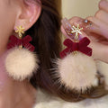 Light Luxury Alloy Snowflake Bow Pom Ball Drop Earrings For Women Christmas Stud Jewelry view 2